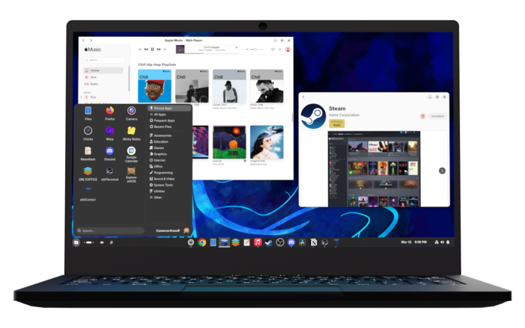 Computer display stillOS, with the start menu, Apple Music powered by SWAI, and Steam on stillCenter.